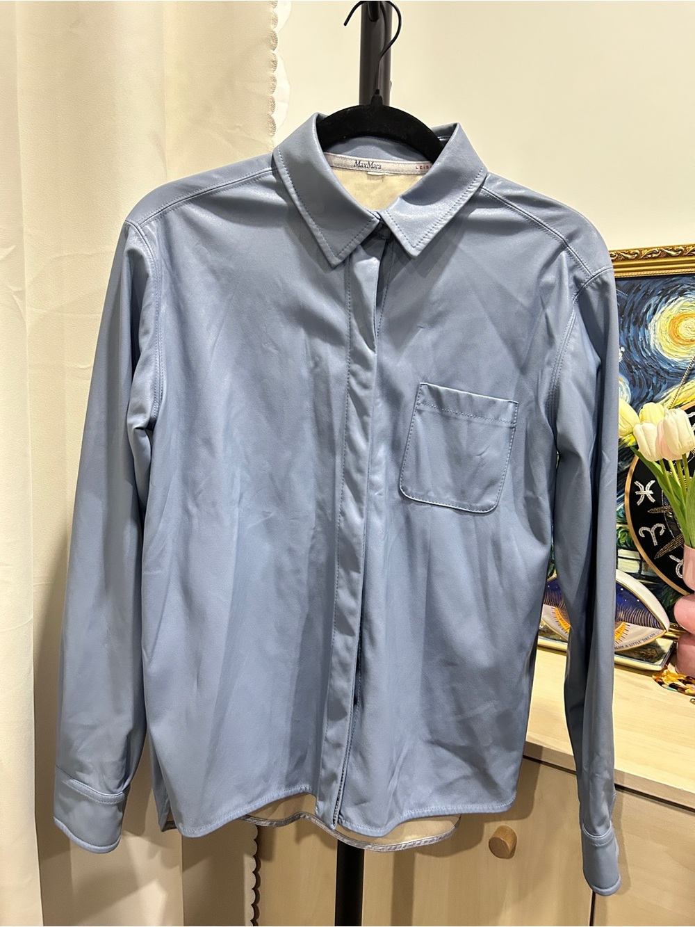 MaxMara Leisure Blue Leather Button-front Collared Pocket Shirt S